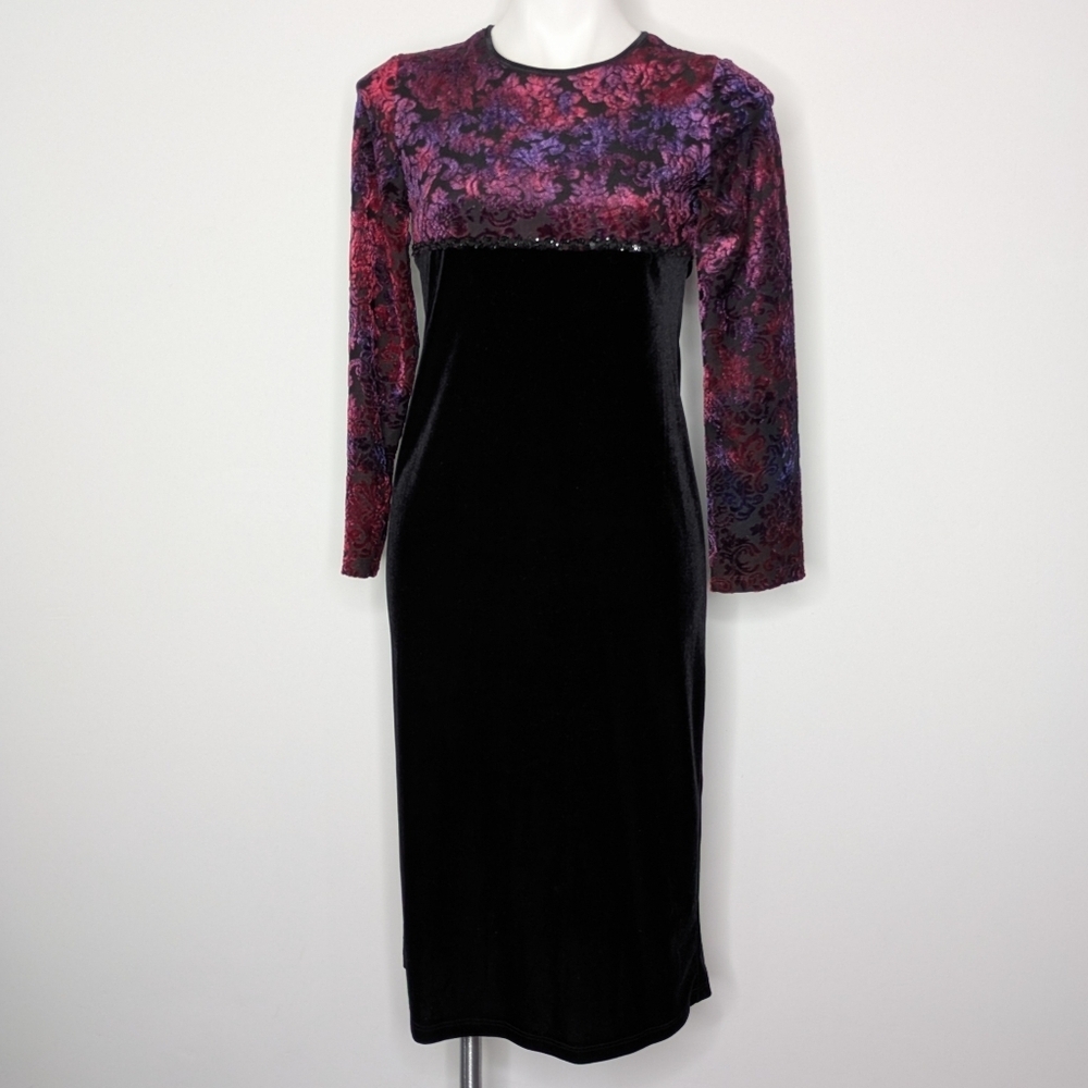 Vintage IZ Byer California Purple Black Velvet Burnout Floral Midi Dress 16